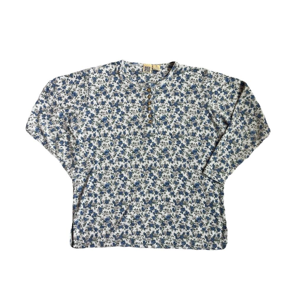 North West Blue Vintage Ditsy Blue Floral Ribbed Top 1/4 Button Medium